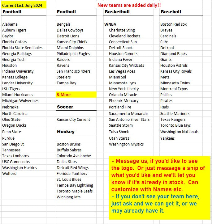 All Sport Logos - Any Team (List Attached)- Ready to Press DTF transfers